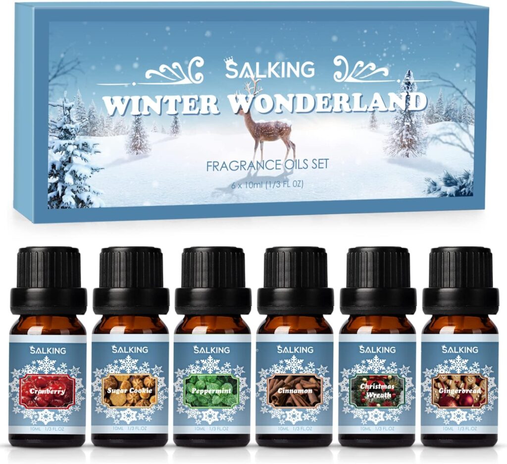 SALKING Winter Essential Oils Set, Aromatherapy Diffuser Oil Fragrance Oils Gift Set for Soap  Candle Making Scents - Cinnamon, Christmas Wreath, Sugar Cookie, Cranberry, Peppermint, Gingerbread