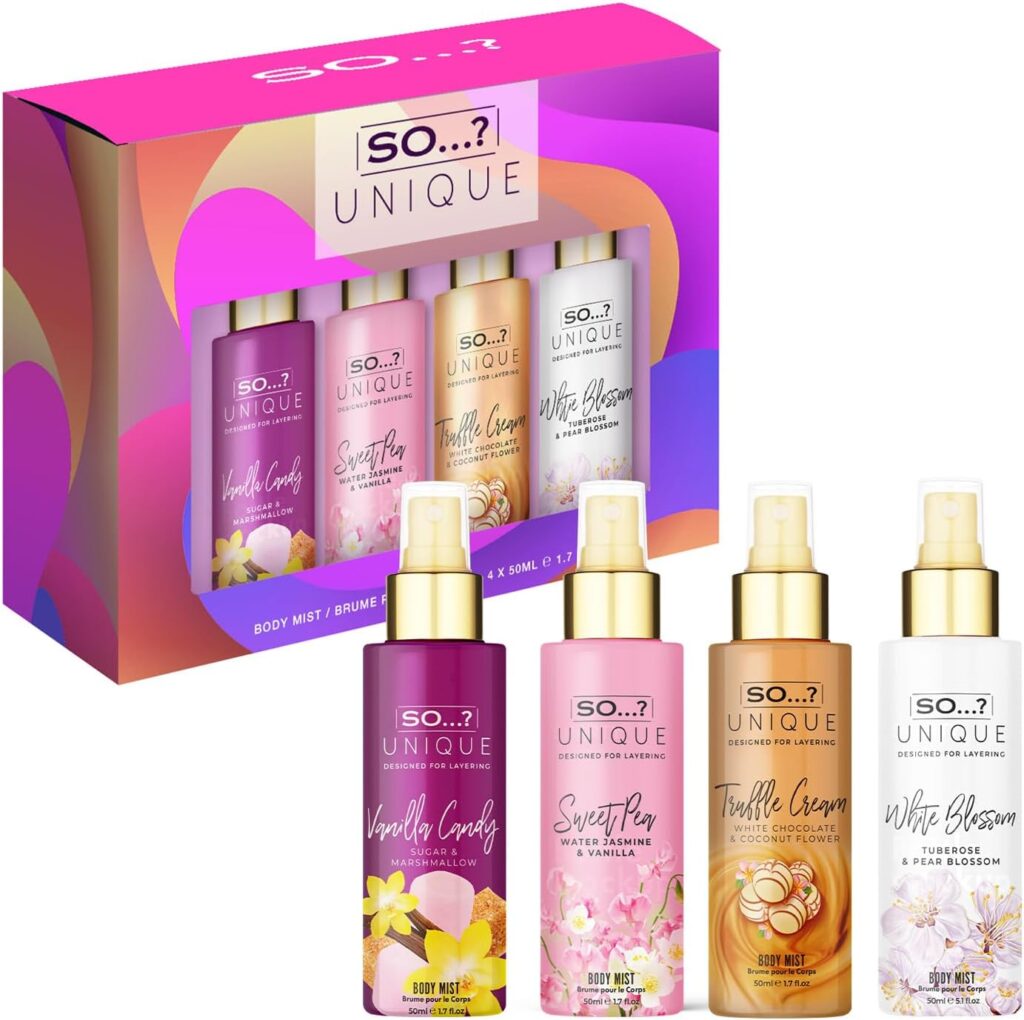 So…? Unique Mini Mist Womens Gift Set with Vanilla Candy, Sweet Pea, Truffle Cream,  Cashmere, Body Mist Fragrance Spray Set (4 x 50ml.)